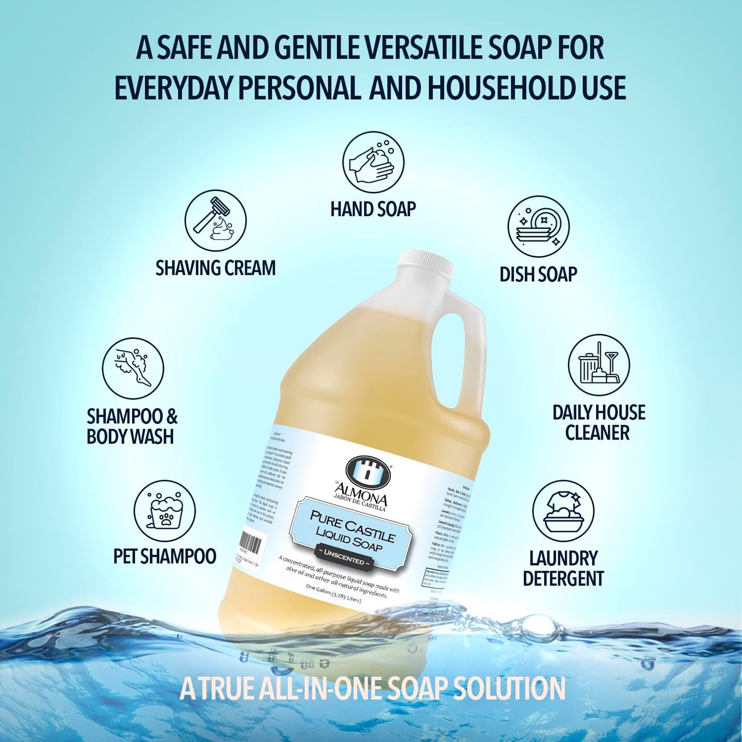 La Almona - Pure Castile Liquid Soap, UNSCENTED, 1 Gallon - Multipurpose: Hands, Face, Body, Laundry, Dishes & More - For Sensitive Skin, All-Natural Beauty & Personal Care La Almona
