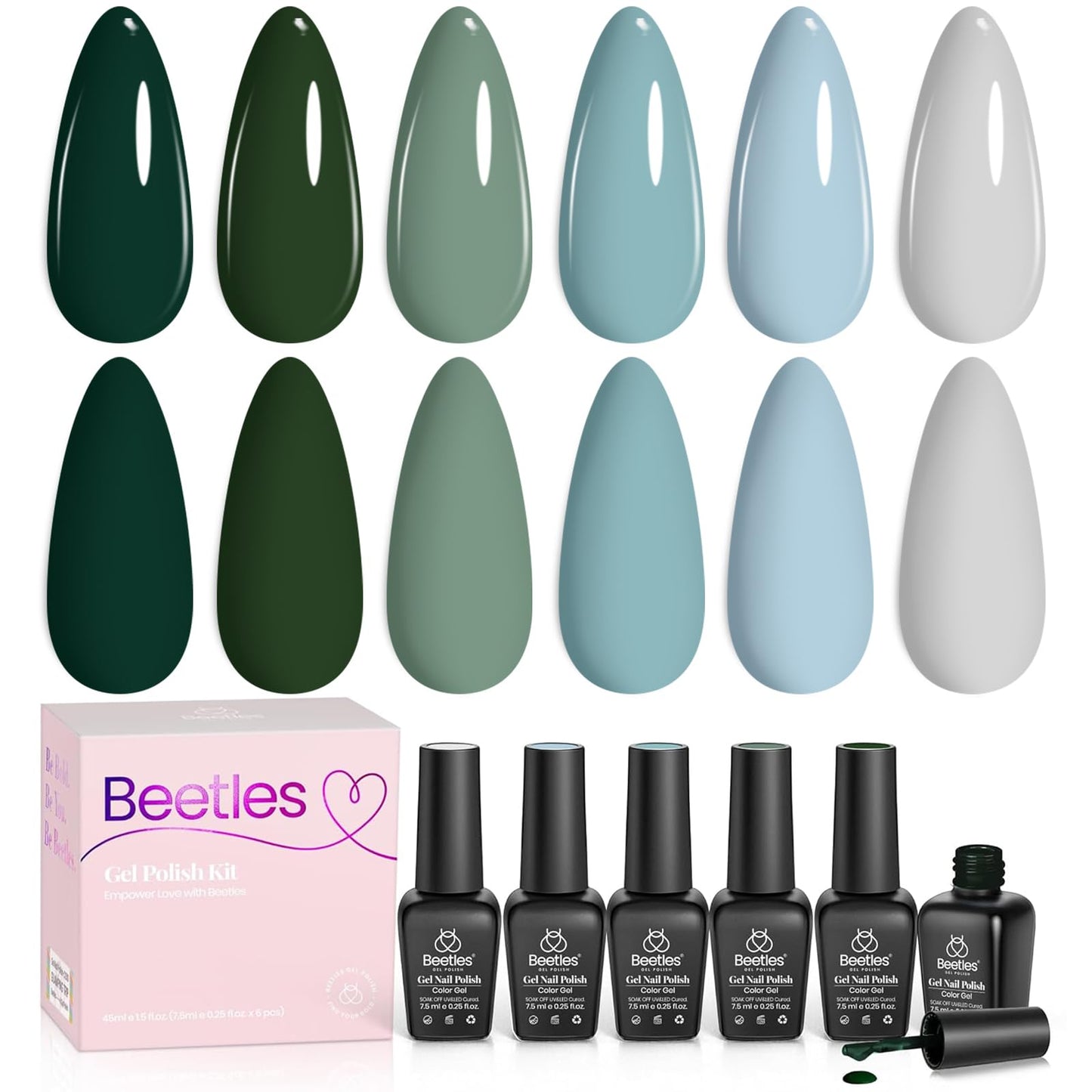 Beetles Green Gel Nail Polish Set, 6 Colors Dark Green Gray Blue Baby Blue Color Gel Nail Polish Misty Soak Off DIY Home Uv Nails Gifts for Women Beauty & Personal Care beetles Gel Polish