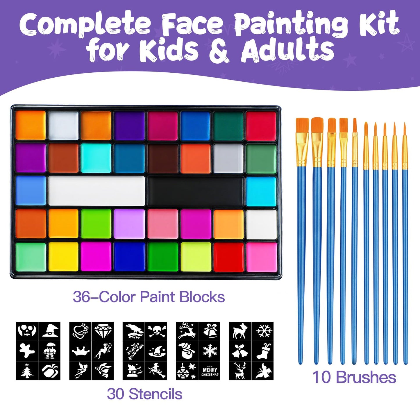 Face Painting Kit for Kids, 36 Colors Water Activated Face Paint with Brushes & Stencils, Non-Toxic Halloween Makeup Kit, Professional Face Body Paint Beauty & Personal Care Asddage