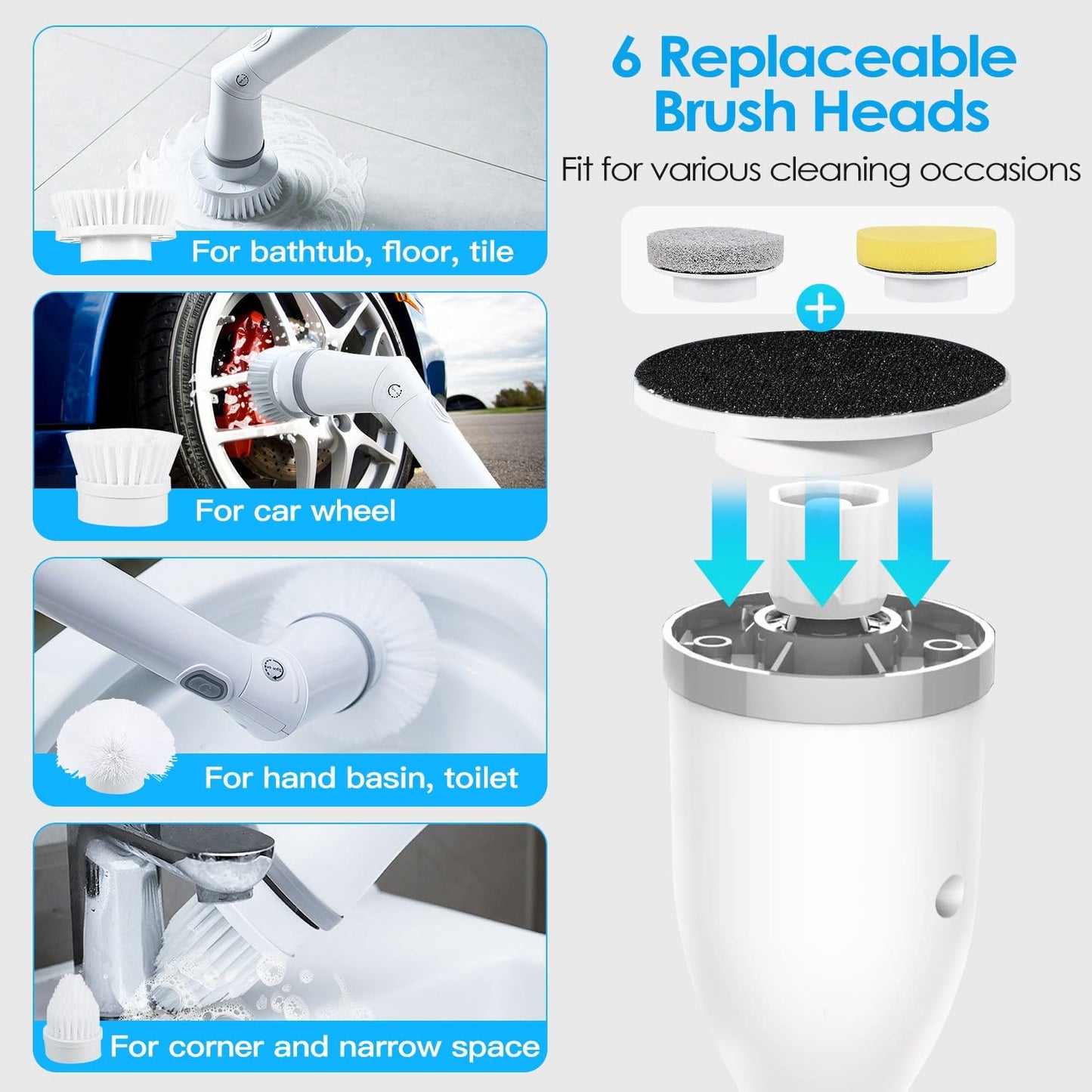 TeqHome Electric Spin Scrubber, Cordless Power Shower Cleaning Brush with 6 Replaceable Brush Heads, 2 Adjustable Speeds,Adjustable & Detachable Beauty and Personal Care TeqHome