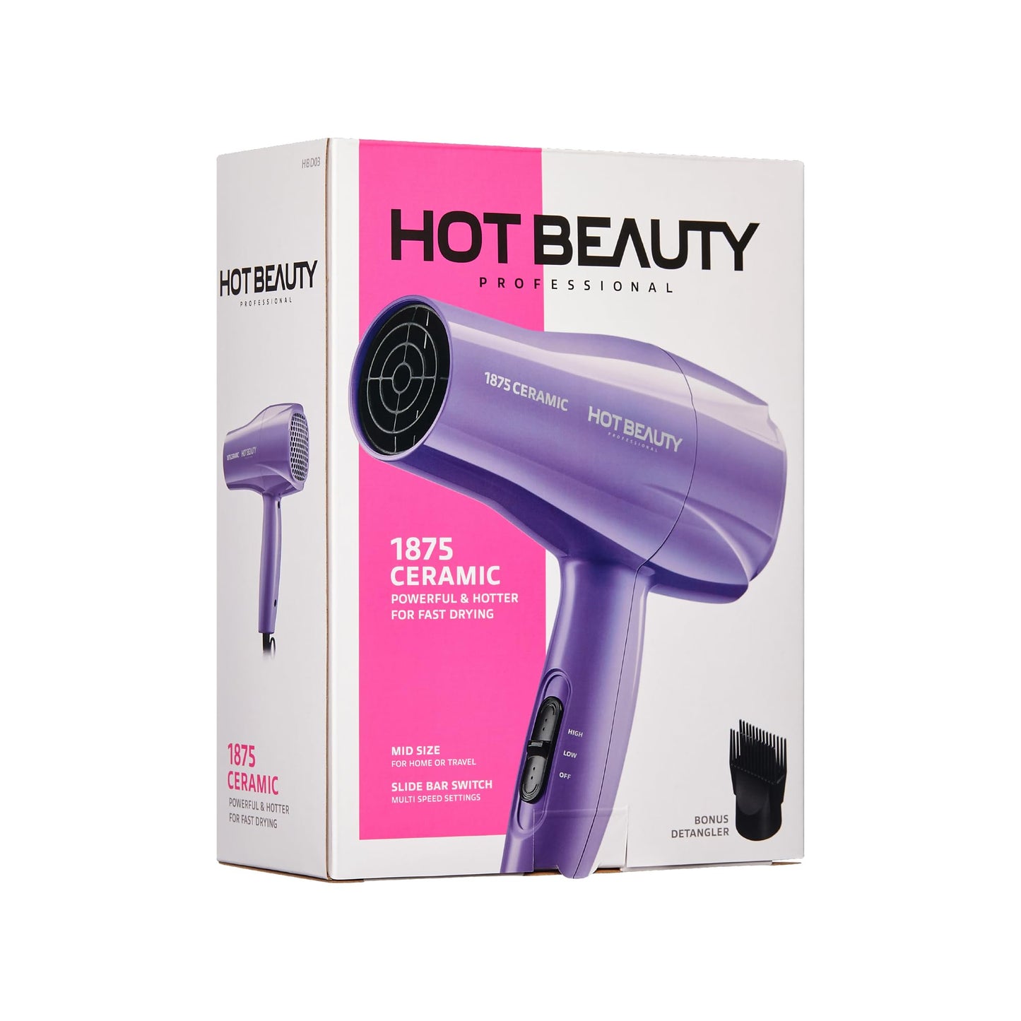 Hot Beauty 1875 Ceramic Hair Dryer, Powerful Fast Drying, Multi-Setting with Comb Attachment, Additional Detangler Included, Slide Bar Switch, Compact Beauty and Personal Care Hot Beauty