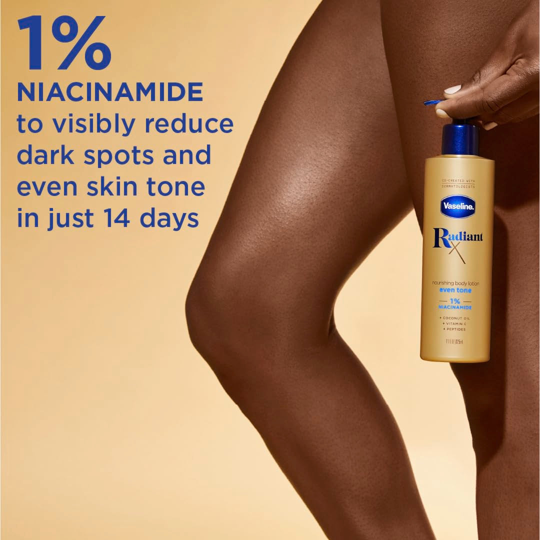 Vaseline Radiant X Even Tone Nourishing Body Lotion With 1% Niacinamide, Coconut Oil, Vitamin C, & Peptides 11 oz Beauty & Personal Care Vaseline