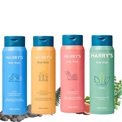 Harry's Men's Body Wash, 18 Fl oz (Pack of 4) | Men's Body Wash and Shower Gel Variety Pack - Stone, Redwood, Fig & Spring Scent | Sulfate-Free Beauty & Personal Care Harry's