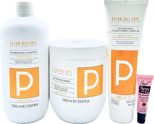 Maxy Look Protein Nourishing Shampoo 1000ml, Mask 1000ml & Leave in Conditioner 300ml for Damaged, Frizzy & Chemically Treated Hair - Free Starry Lip Beauty & Personal Care Maxy Look
