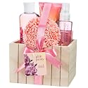 Pink Peony Bathroom Bath Set for Women, Complete Skincare Products in a Natural Wood Plant Box, Body Lotion, Shower Gel, Bubble Bath, Body Spray, Puff Beauty & Personal Care Freida and Joe