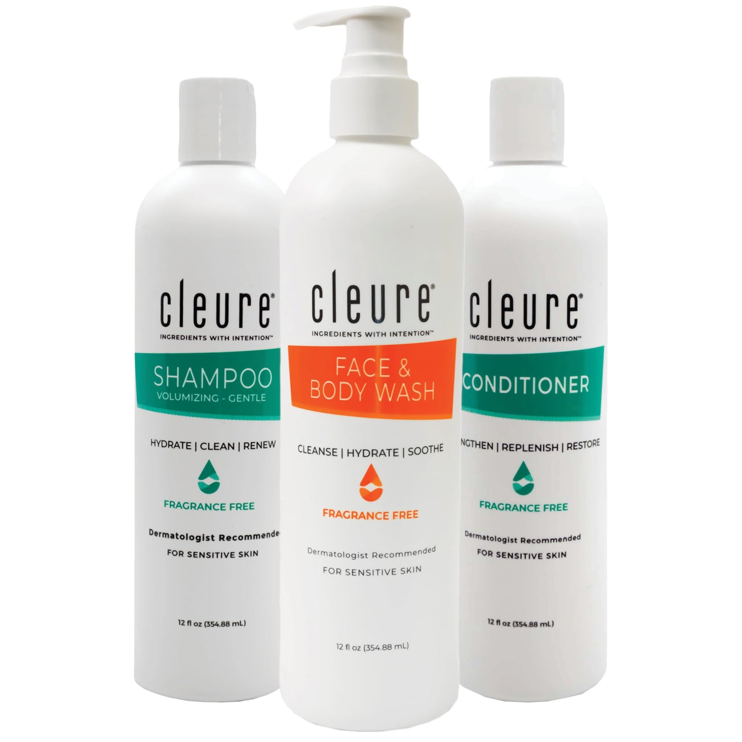 Cleure Fragrance Free Shampoo and Conditioner Set with Body Wash - Hypoallergenic 3 Piece Sulfate Free Hair & Body Care for Sensitive Skin (12 oz Beauty & Personal Care Cleure