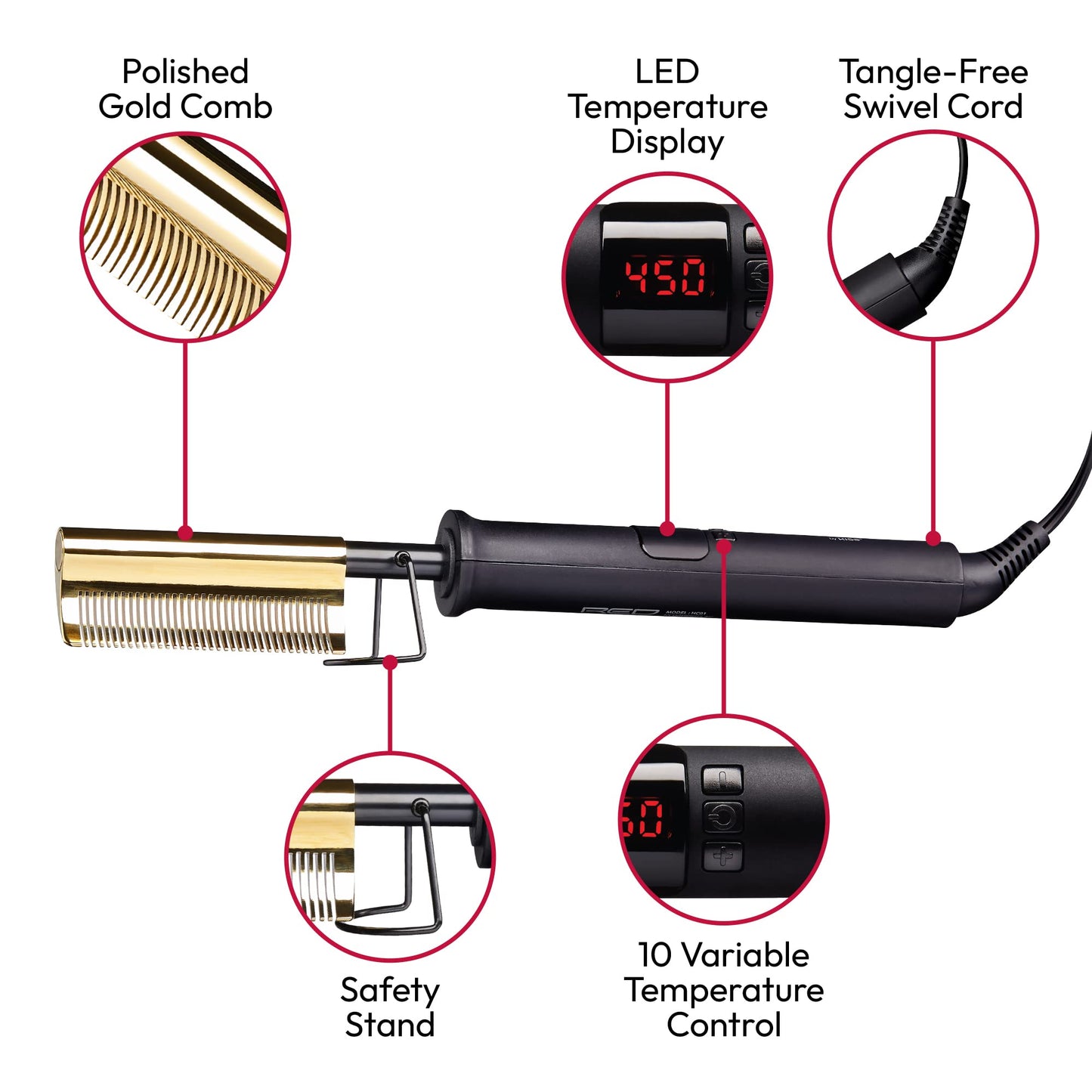 Red by Kiss Hot Comb Hair Straightener 450 Degrees, Curved Electric Heating Comb, Pressing Comb Brush for Straightening Hair and Beard, Curling Iron Beauty & Personal Care Red by Kiss