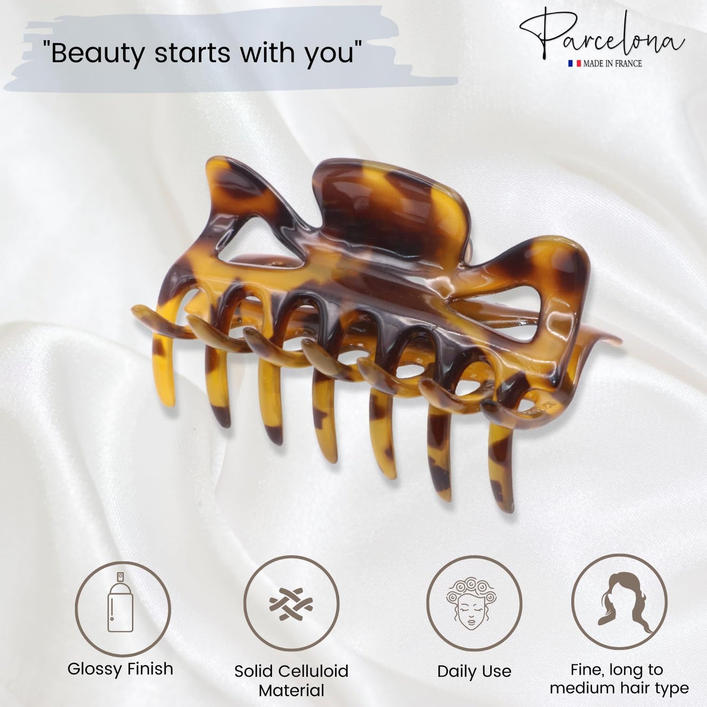 Parcelona French Classic Medium 3" Celluloid No Slip Grip Covered Spring Jaw Hair Claw Durable Styling Hair Accessories Women Strong Hold Girls Hair Beauty & Personal Care Parcelona