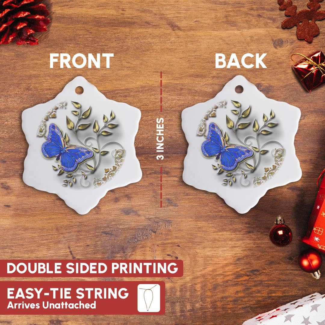 3dRose Blue Butterfly and Gold Accents 3 inch Snowflake Porcelain Ornament Beauty and Personal Care 3dRose