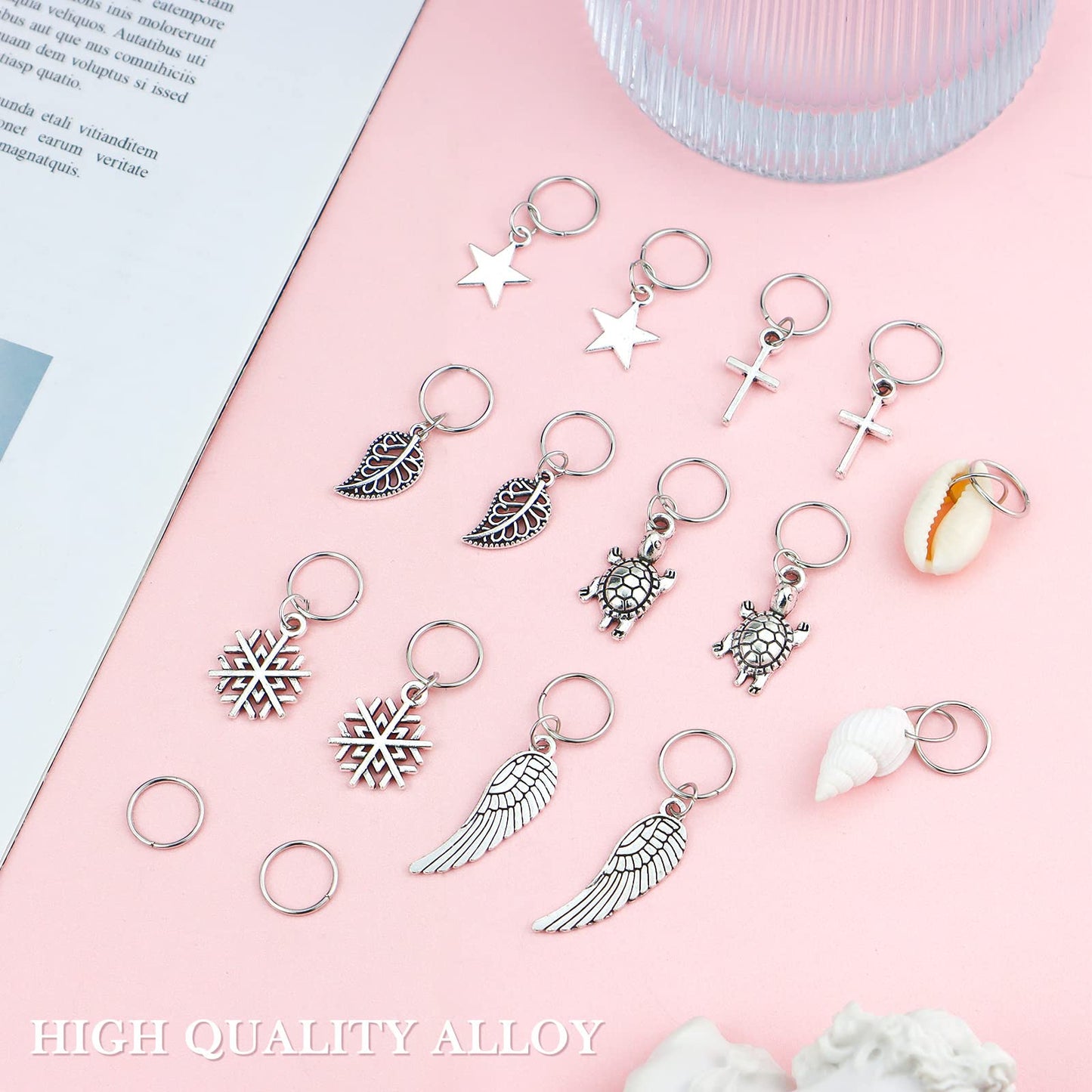 JIALEEY Hair Braid Rings, 50PCS Hair Loops Clips Silver Ring Shell Leaves Star Conch Snowflake Pendant Charms Set Hair Clip Headband Accessories Beauty & Personal Care JIALEEY