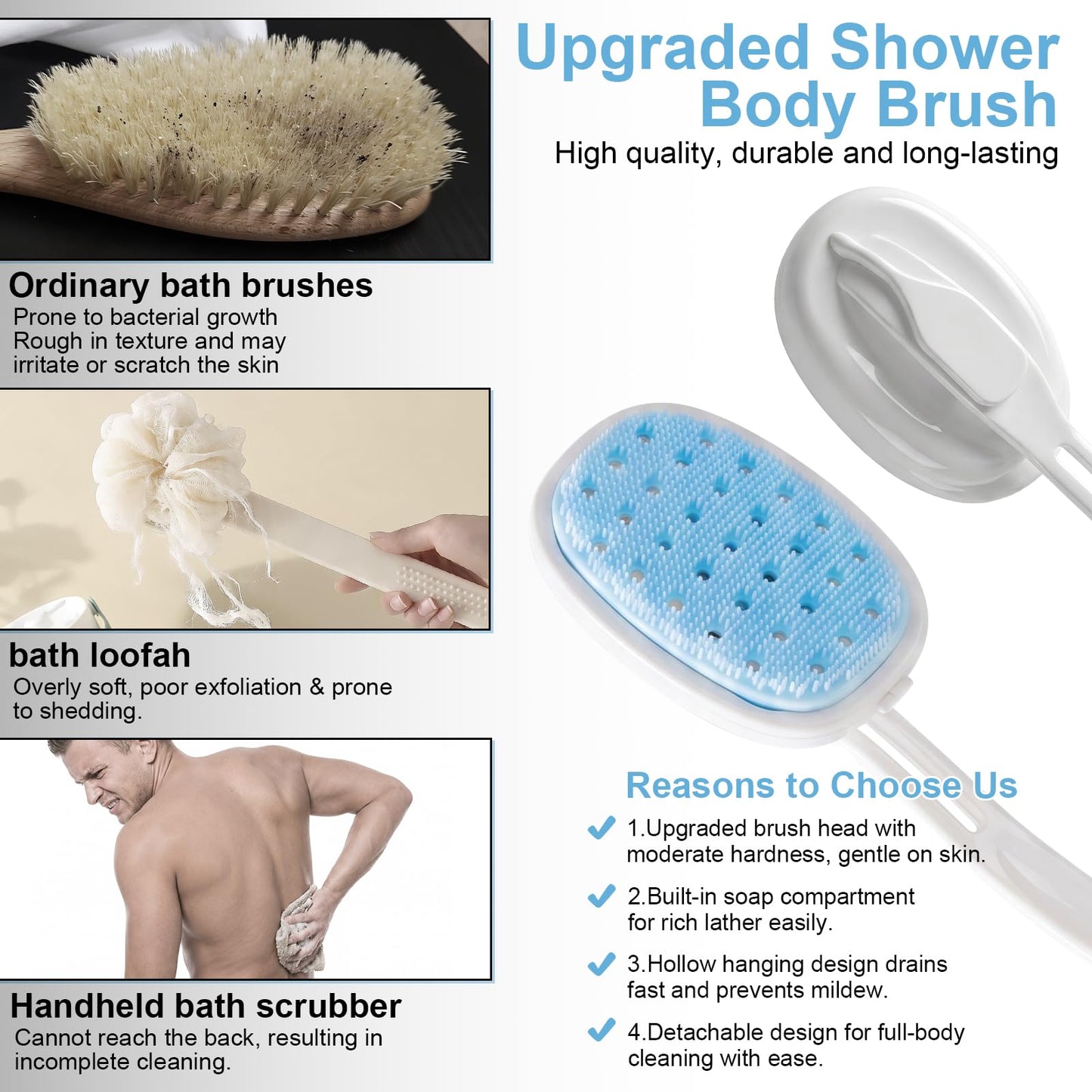 Silicone Shower Scrubber with Soap Reservoir, 2026 New Detachable Curved Long Handle Brush, Quick-Drying, Non-Slip Grip, Deep Cleansing & Exfoliating Beauty and Personal Care WCLNM