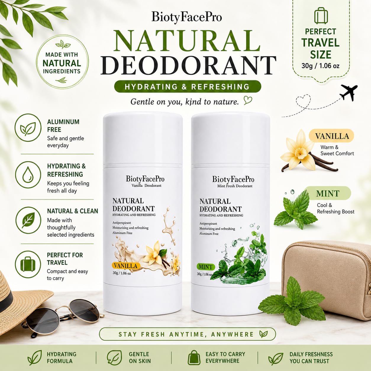 BiotyFacePro Natural Deodorant Stick - Aluminum-Free, Moisturizing & Refreshing, Long-Lasting Odor Protection, Travel size,(Mint) Beauty and Personal Care BIOTYFACEPRO SKINCARE