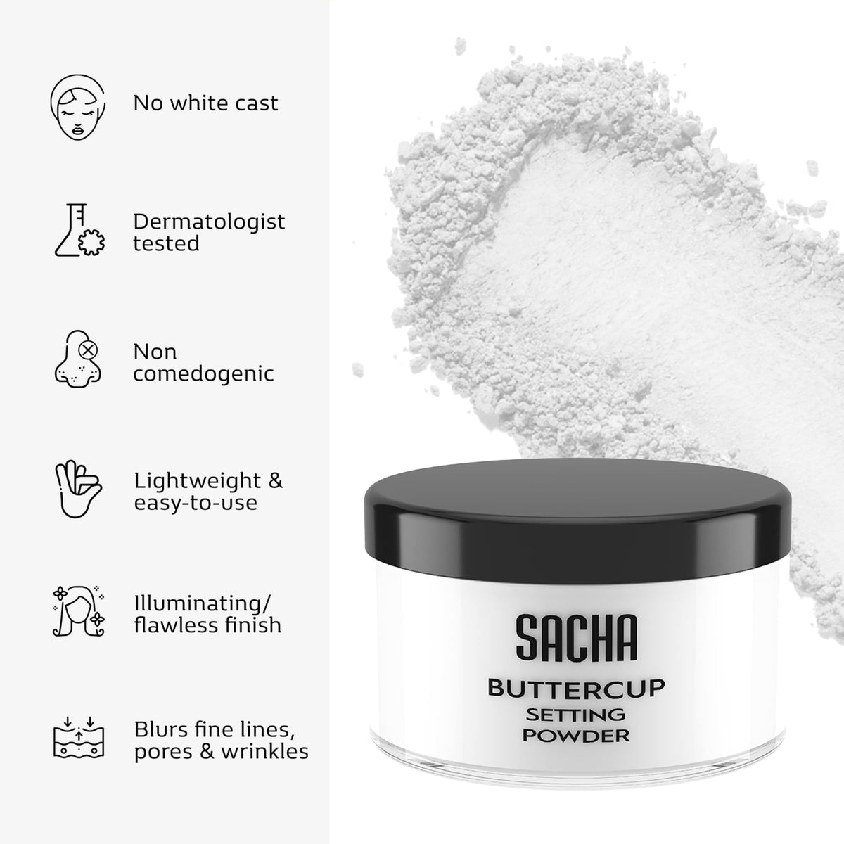 Sacha Buttercup No Color Setting Powder - All Skin Tones Translucent Loose Face Powder, Flashback-Resistant, Oil Control, Long-Wear Matte Finish (1.75