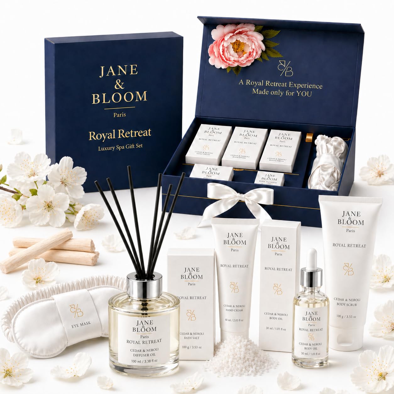 Royal Retreat Luxury Spa Gift Box for Women, Cedar & Neroli Bath and Body Gift Set, Relaxing Home Spa Kit with Bath Salt, Body Scrub, Body Oil, Hand Beauty and Personal Care Jane & Bloom