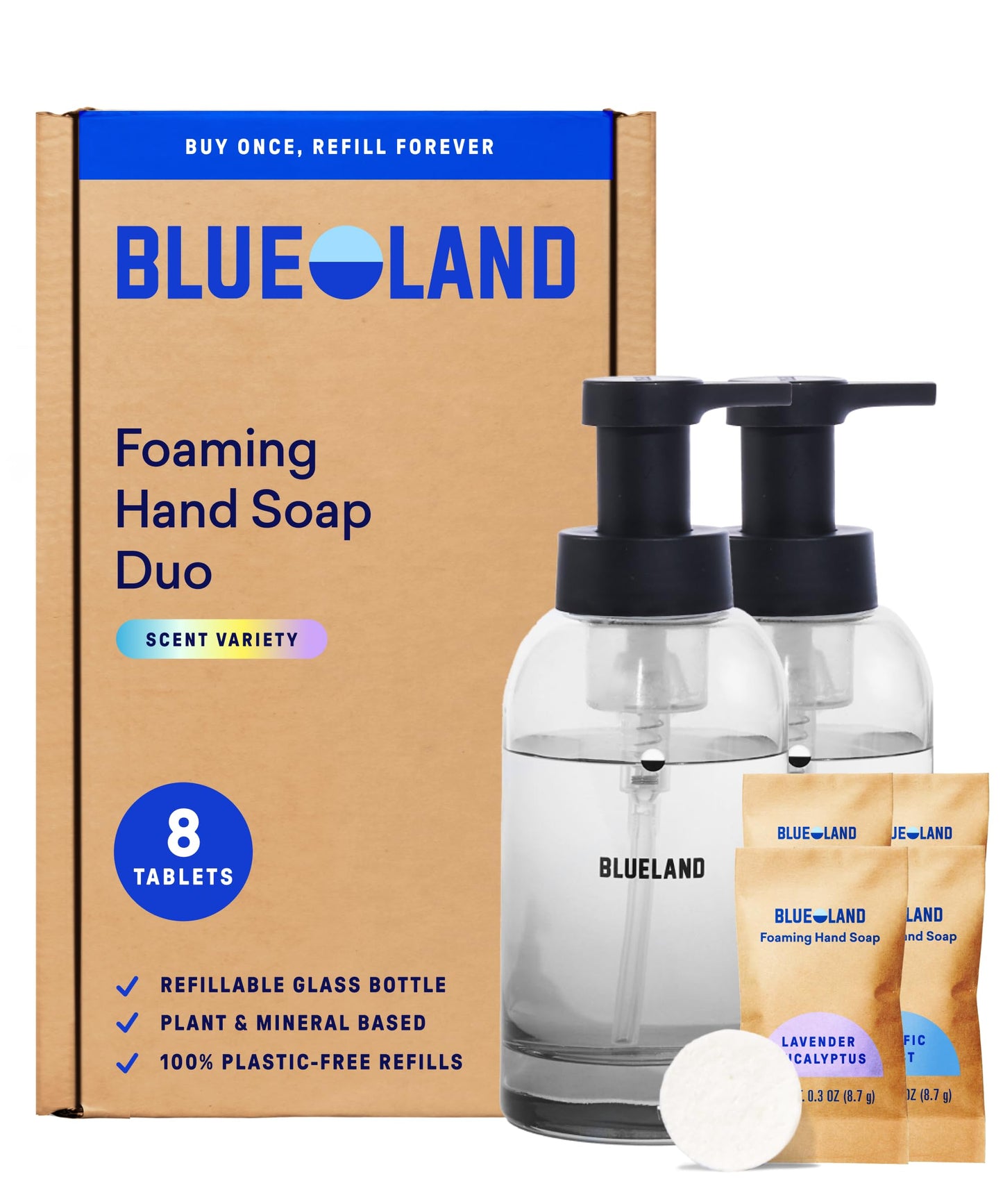 BLUELAND Hand Soap Duo, 2 Refillable Glass Foaming Hand Soap Dispensers with 8 Refill Tablets, Variety Scents, 8 x 9 Fl oz Beauty & Personal Care BLUELAND