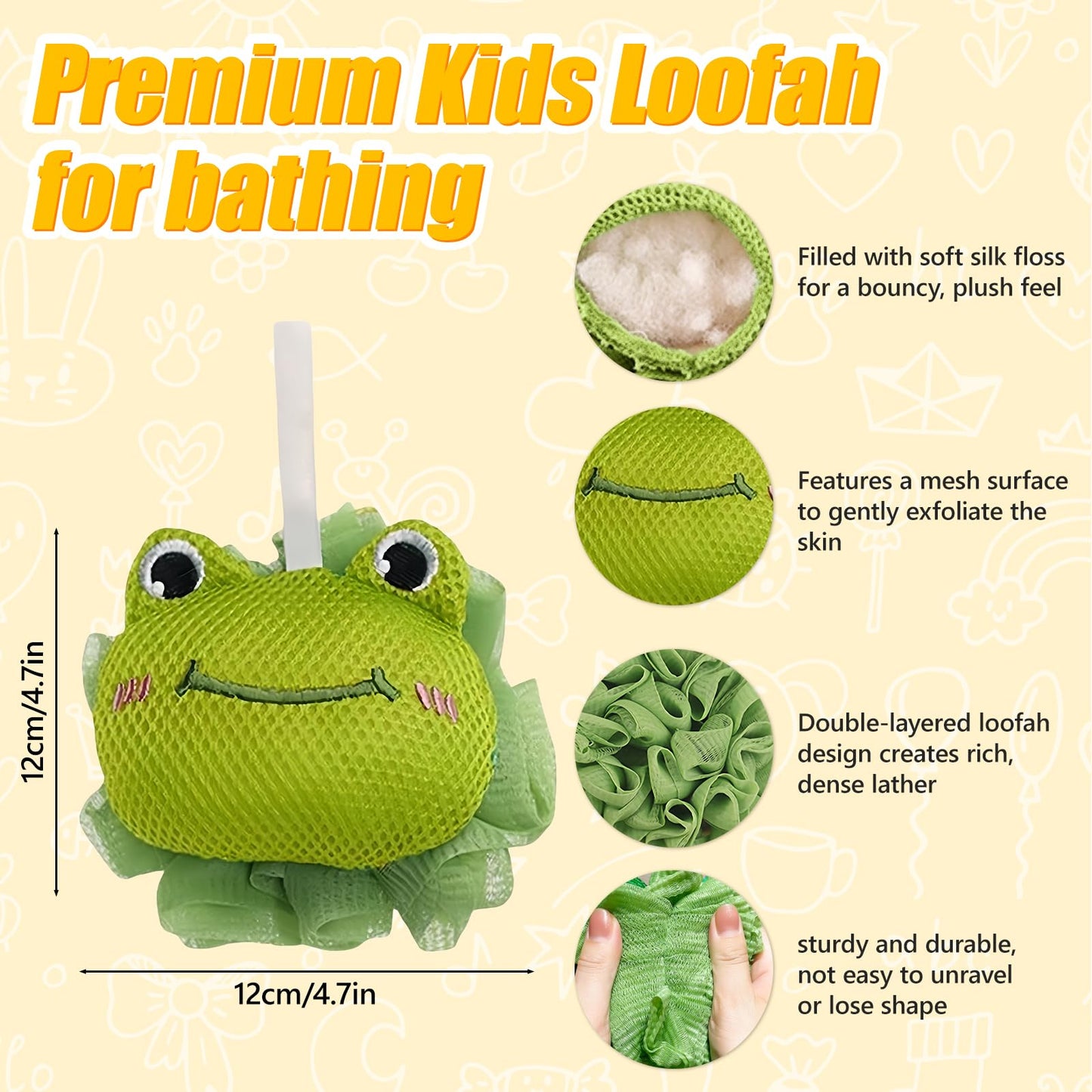 Kids Loofah, Cute Cartoon Animal Kids Bath Sponge with Hanging Rope, Soft Double Mesh for Rich Lather (Green Frog) Beauty and Personal Care Taolivingmart