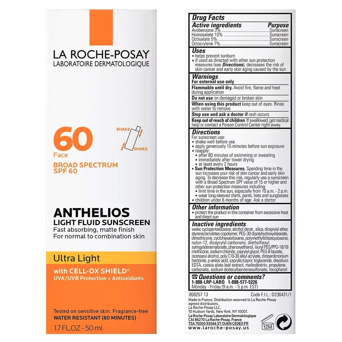 La Roche-Posay Anthelios Light Fluid Facial Sunscreen SPF 60, Lightweight Sunscreen For Face, Fluid Texture, Broad Spectrum SPF + Antioxidants, Oil Beauty & Personal Care La Roche-Posay