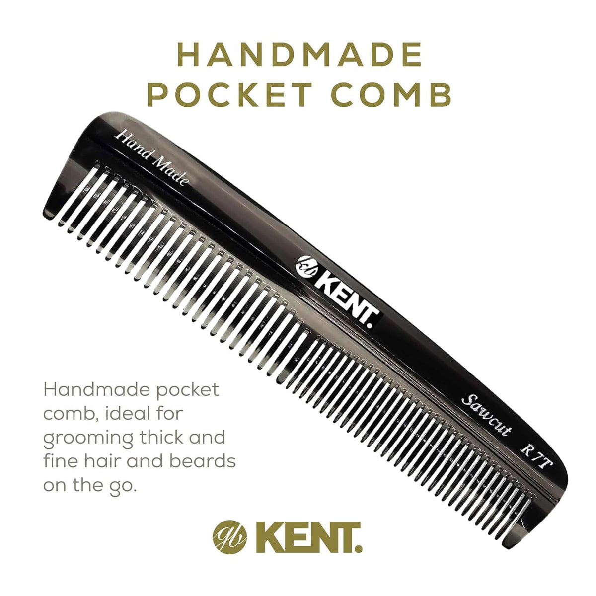 Kent R7T Black Graphite Fine and Wide Tooth Hair Comb, Handmade Pocket Comb for Men, Best Beard and Mustache Comb for Everyday Grooming and Styling,