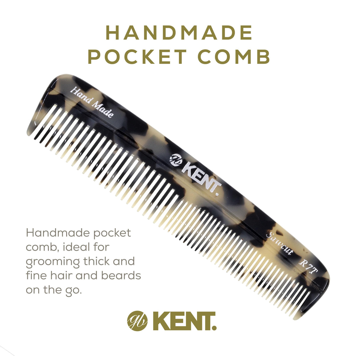Kent R7T TW Fine and Wide Tooth Hair Comb, Handmade Pocket Comb for Men, Beard and Mustache Combs for Everyday Grooming and Styling, Sawcut Kent