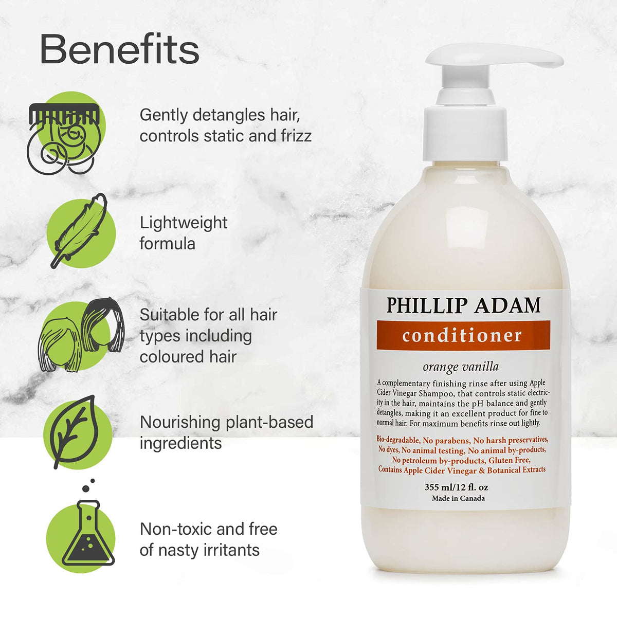 Phillip Adam Orange Vanilla Conditioner for Smooth and Shiny Hair - No Harsh Chemicals - Safe for Color Treated Hair - Delicious Natural Scent - 12
