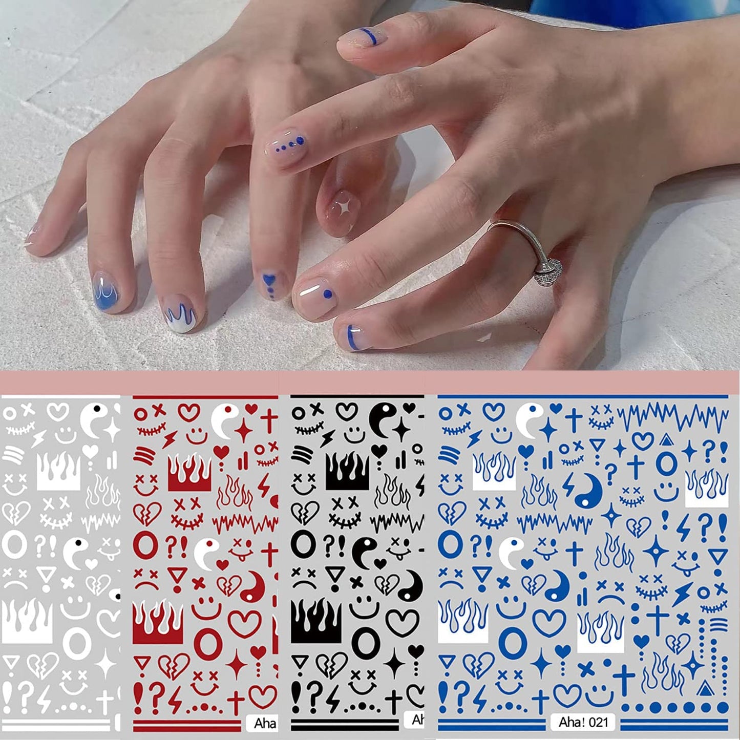 4 Sheets Klein Blue Flame Smile Face Nail Art Sticker Decals ins Minimalist Style Klein Blue Nail Art Sticker Impressionist Lines Star Smile Face Beauty & Personal Care TPhaelay