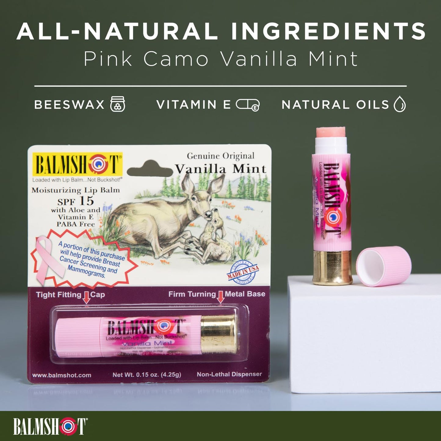 BALMSHOT Camo Vanilla Mint Lip Balm SPF 15 - Beeswax Chapstick in 20-Gauge Brass Shotgun Shell Tube, Outdoor Lip Protector for Hunting, Fishing Beauty & Personal Care Balmshot