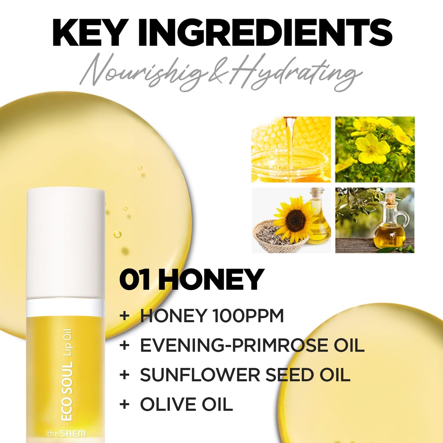 THESAEM Eco Soul Lip Oil 01 Honey - Plumping & Hydrating Lip Oil to Nourish & Moisturize Lips - Sunflower Seed Oil & Olive Oil - Lips Soft & Glossy Beauty and Personal Care THESAEM
