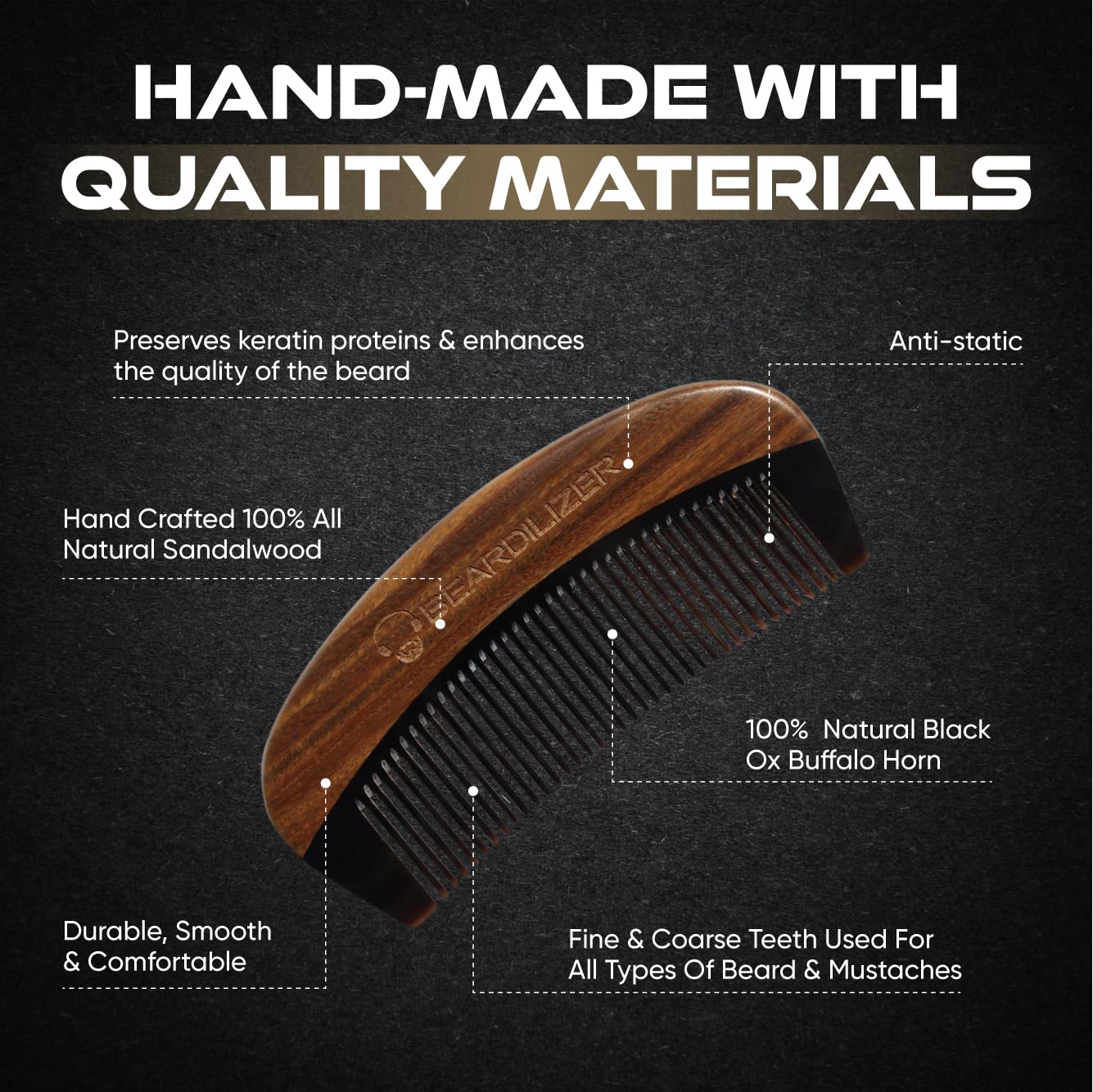 Beardilizer Premium Beard Comb for Men - 100% Natural Black Ox Buffalo Horn & Sandalwood Handle with Carrying Pouch, Professional Anti-Static Fine Beauty and Personal Care Beardilizer