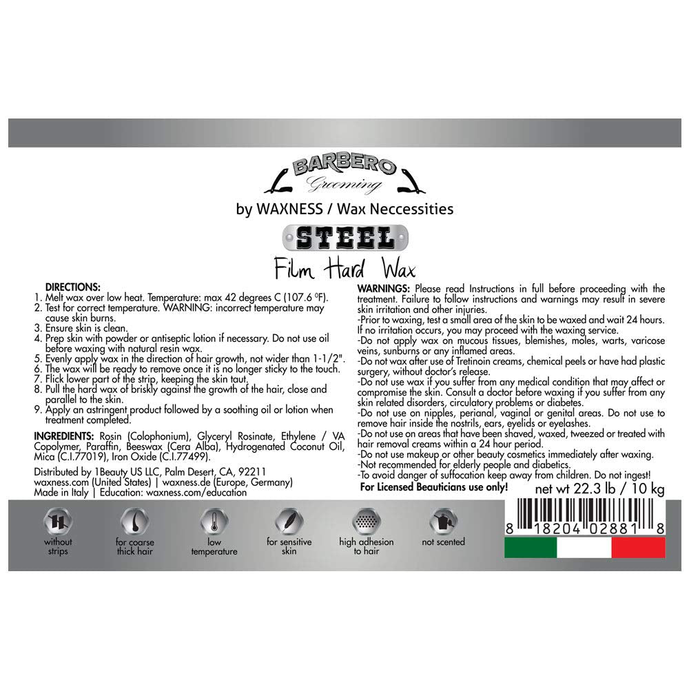 Waxness Barbero Steel Hard Wax Beads Bulk 22 lb (10 kg) - Stripless Hard Wax for Men’s Grooming, Effective on Coarse Hair, Smooth Application, Salon Beauty and Personal Care Waxness