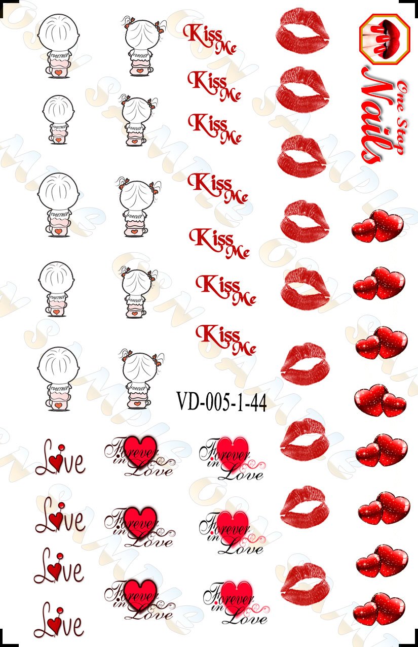Valentine Nail Art Decals. Valentine Hearts, Boy, Girl, Kisses, Love Nail Art. Set of 36 Waterslide nail art decals. VD005-36 by One Stop Nails