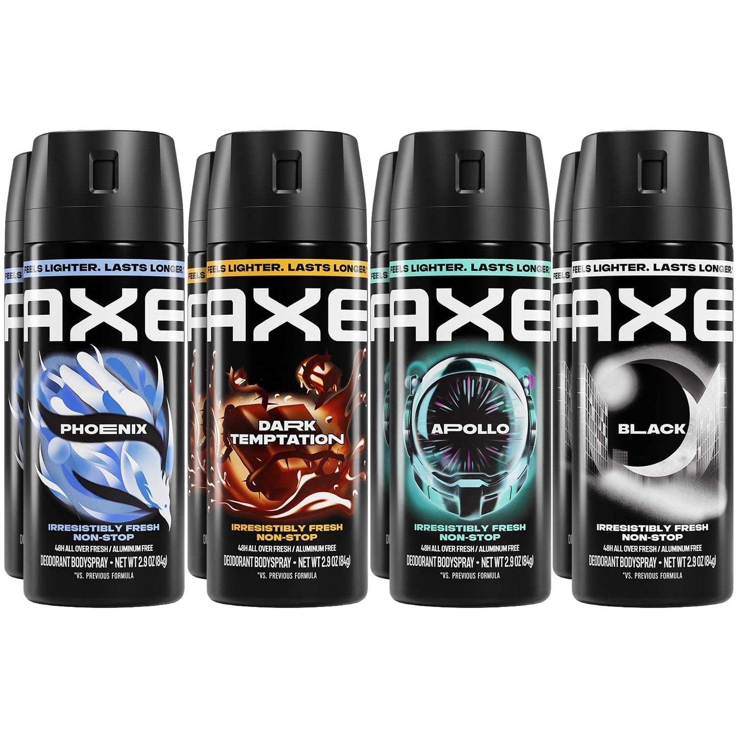 AXE Aluminum-Free Body Spray XL Variety 8-Pack, Dark Temptation, Black, Apollo, Phoenix, 48H Odor Protection, 2.9 Fl Oz Ea Beauty and Personal Care AXE