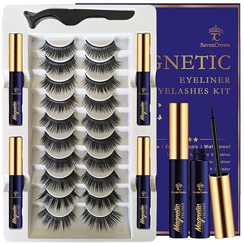 3D Magnetic Eyelashes with Eyeliner Kit - 7C SevenCrown Magnetic Lashes Natural Looking with Upgraded 4 Tubes of Liner Waterproof, Long Lasting,10 Beauty & Personal Care 7C SEVENCROWN