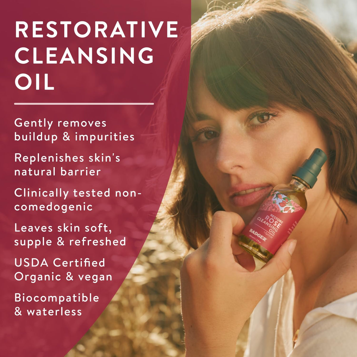 Badger Rose Face Cleansing Oil, Organic Facial Cleanser & Makeup Remover, Non-Greasy Moisturizing Skin Balancing Gentle Face Cleanser w/Pure Rose Oil Beauty & Personal Care Badger