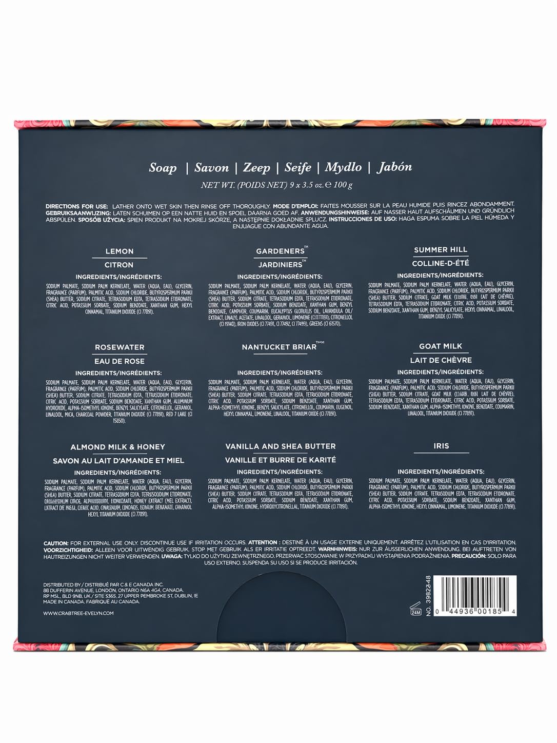 Crabtree & Evelyn Triple Milled Bar Soap 9 Pc Set 3.5 oz Each (Gardeners, Summer Hill, Nantucket, Iris, Goat Milk, Rosewater, Citron, Almond & Honey Beauty & Personal Care Crabtree & Evelyn