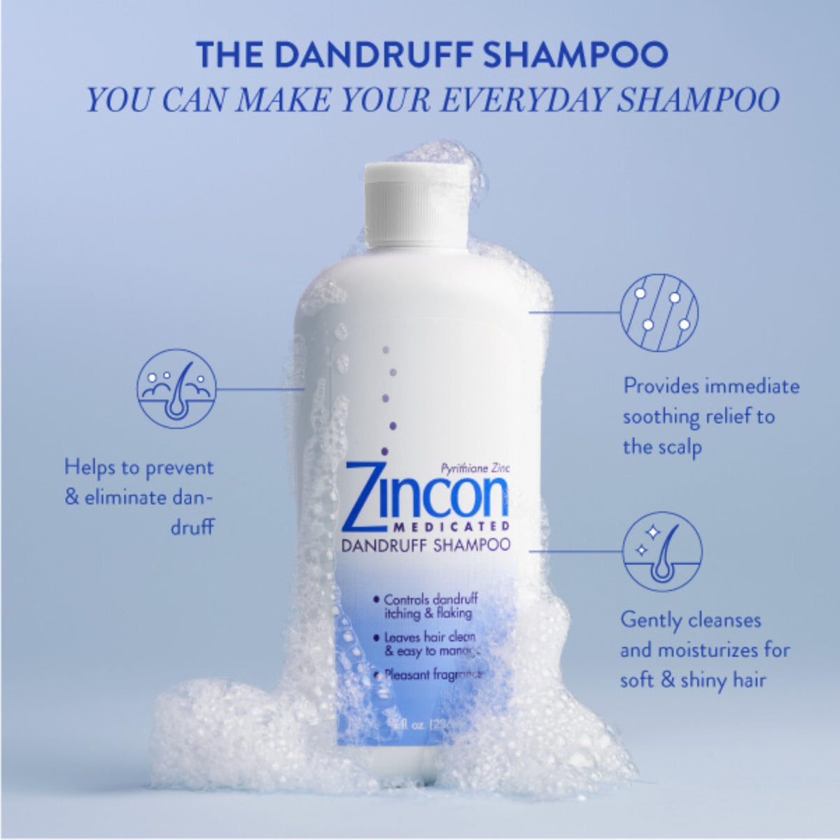 ZINCON Medicated Dandruff Shampoo, Dry Itchy Scalp Relief, 8 fl oz