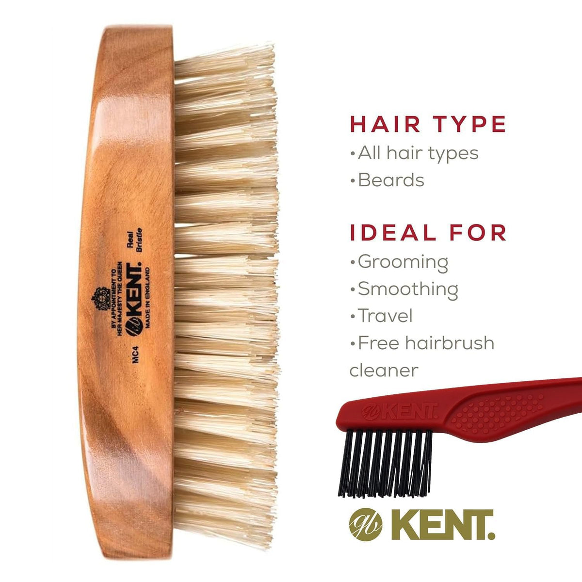 Kent MC4 Men's Hair and Beard Brush Kit: Exfoliating Natural Boar Bristle Hair Brush, Cherrywood Base with Firm Bristles for Coarse Hair Types - LPC3