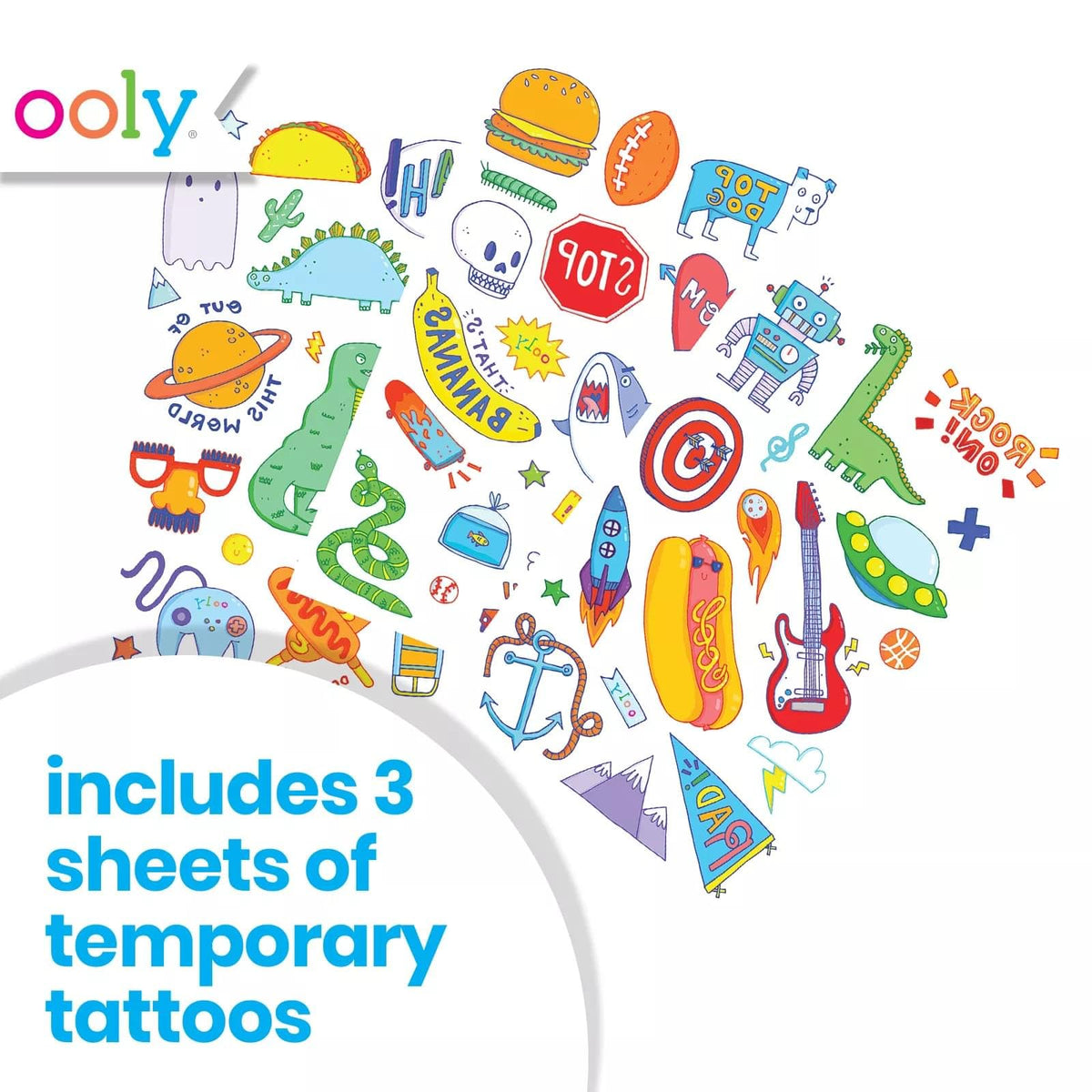 OOLY Temporary Tattoos for Kids, 50 Pc - Dinosaur, Guitar, Robot and More