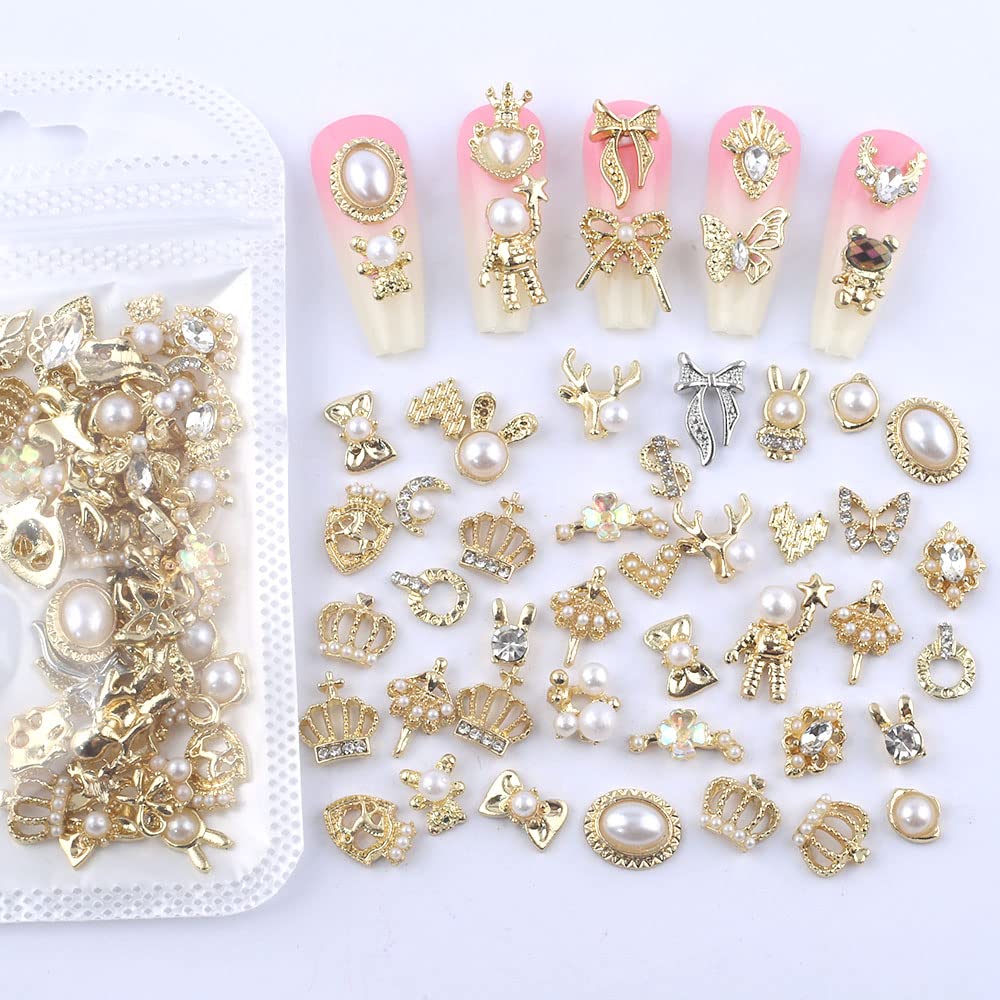 Dornail 50pcs Gold Nail Charms for Acrylic Nails, Mix Styles Shiny Pearl Alloy Nail Rhinestones Flower Butterfly Heart Star Charms for Nails Women Beauty & Personal Care Dornail