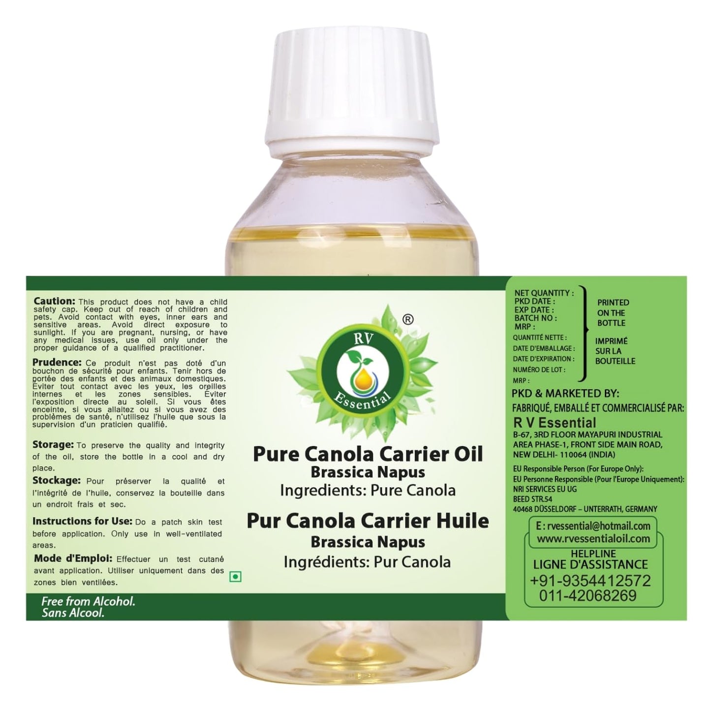 R V Essential Pure Canola Carrier Oil 100ml (3.38oz)- Brassica Napus (100% Pure and Natural Cold Pressed) Beauty and Personal Care R V Essential
