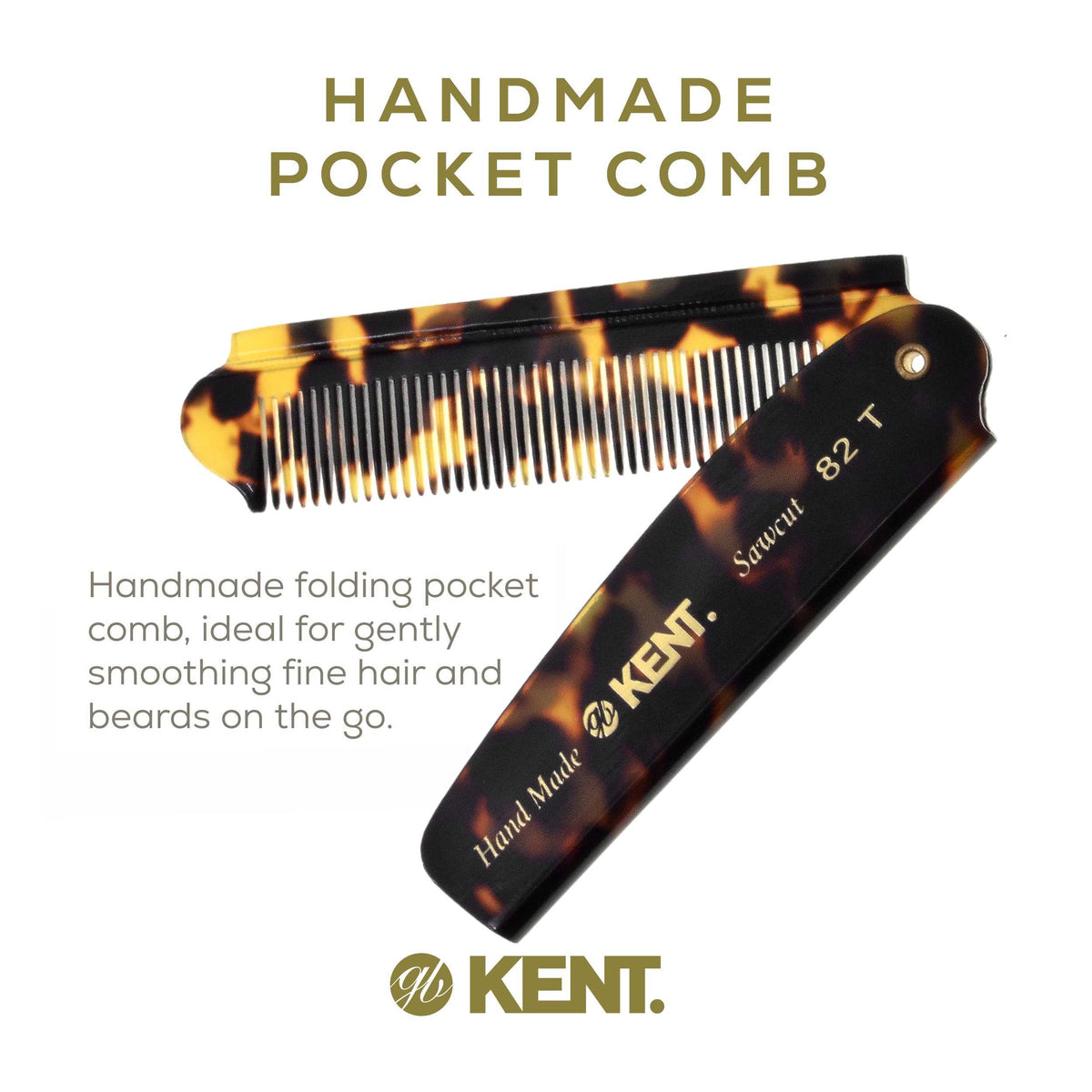 Kent 82T TY Handmade Folding Pocket Comb for Men, Fine Tooth Hair Comb Straightener for Everyday Grooming Styling Hair, Beard or Mustache, Use Dry or