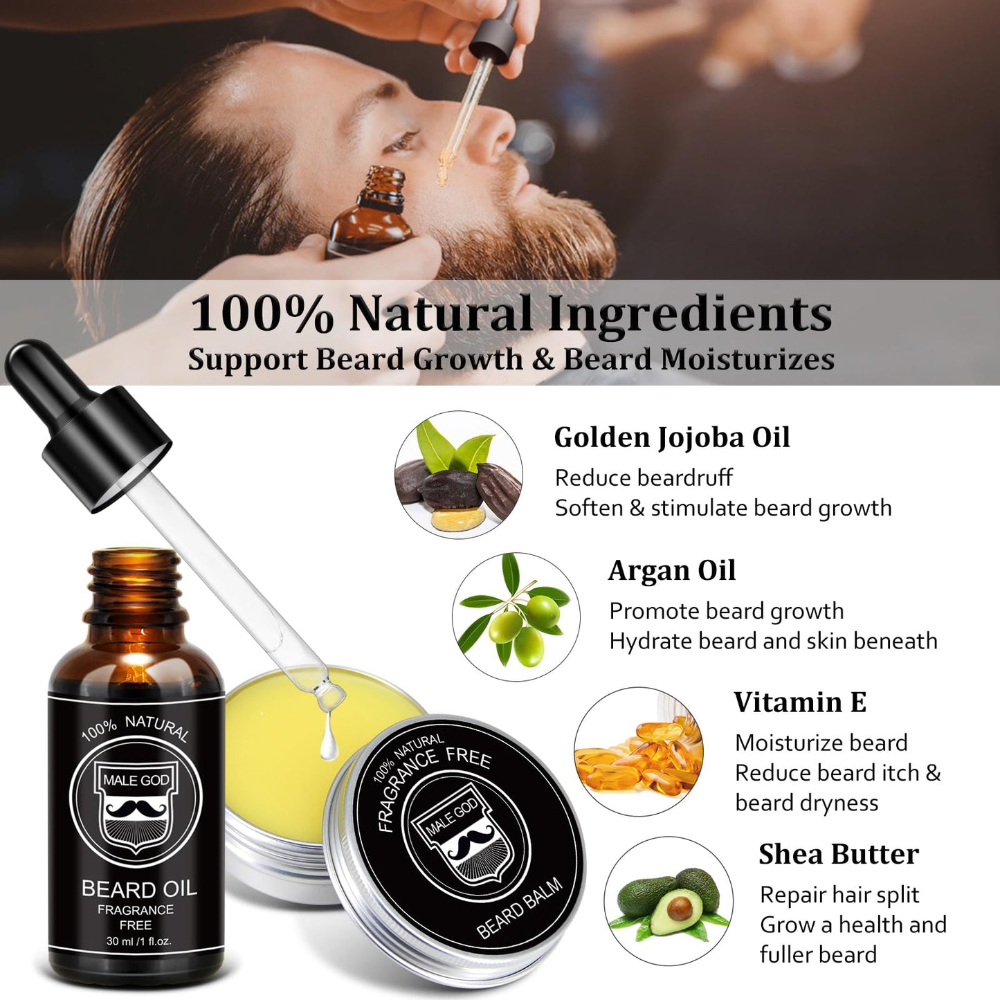 MALE GOD Beard Kit for Men's Grooming & Care, Natural Ingredients Beard Oil, Balm, Brush, Comb, Stocking Stuffers for Adult Men, Chirismtas & Birthday Beauty and Personal Care MALE GOD
