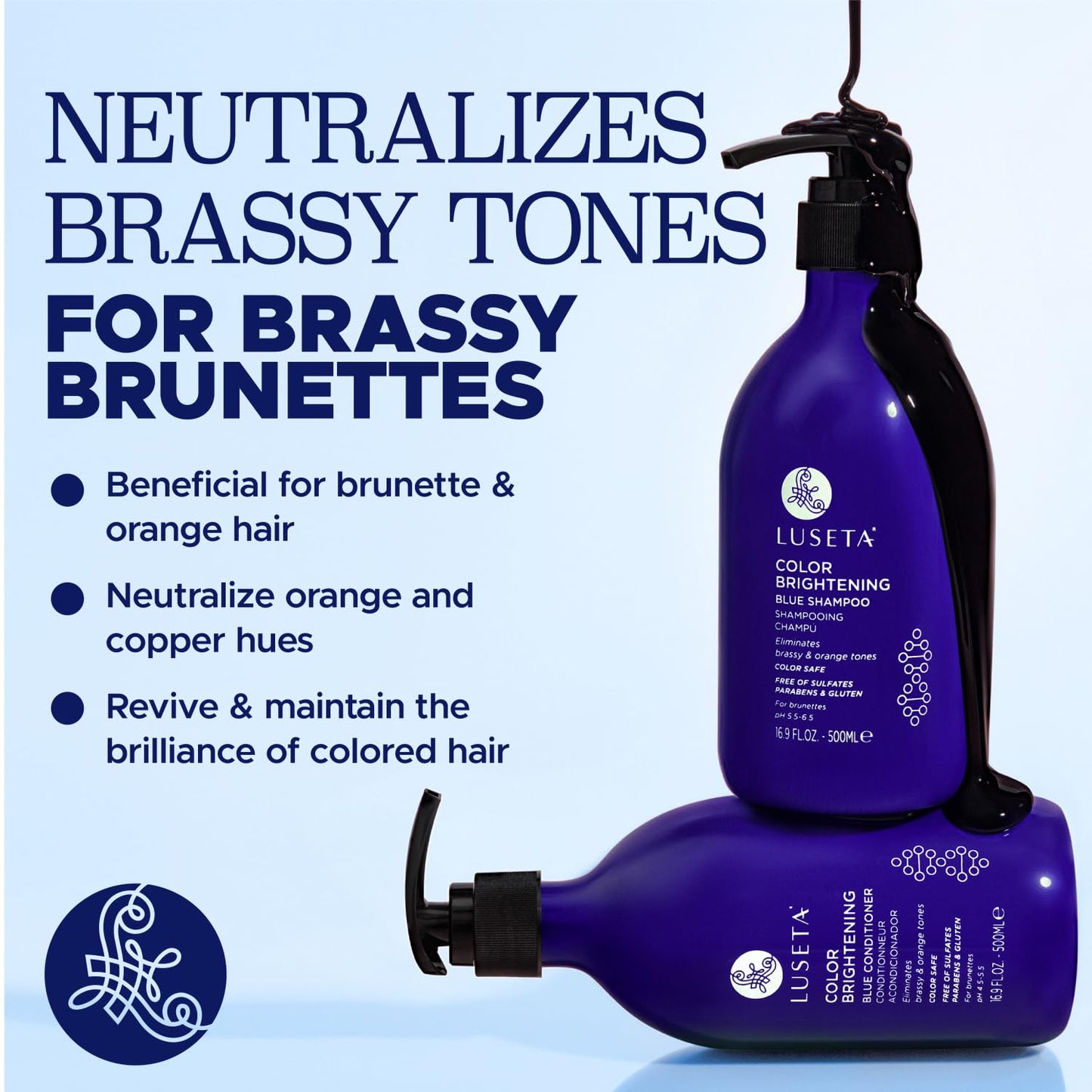 Luseta Color Brightening Blue Shampoo and Conditioner Set Orange & Copper Neutralizing for Brunettes & Dark Blondes, Brassiness Control Tone Beauty & Personal Care L LUSETA