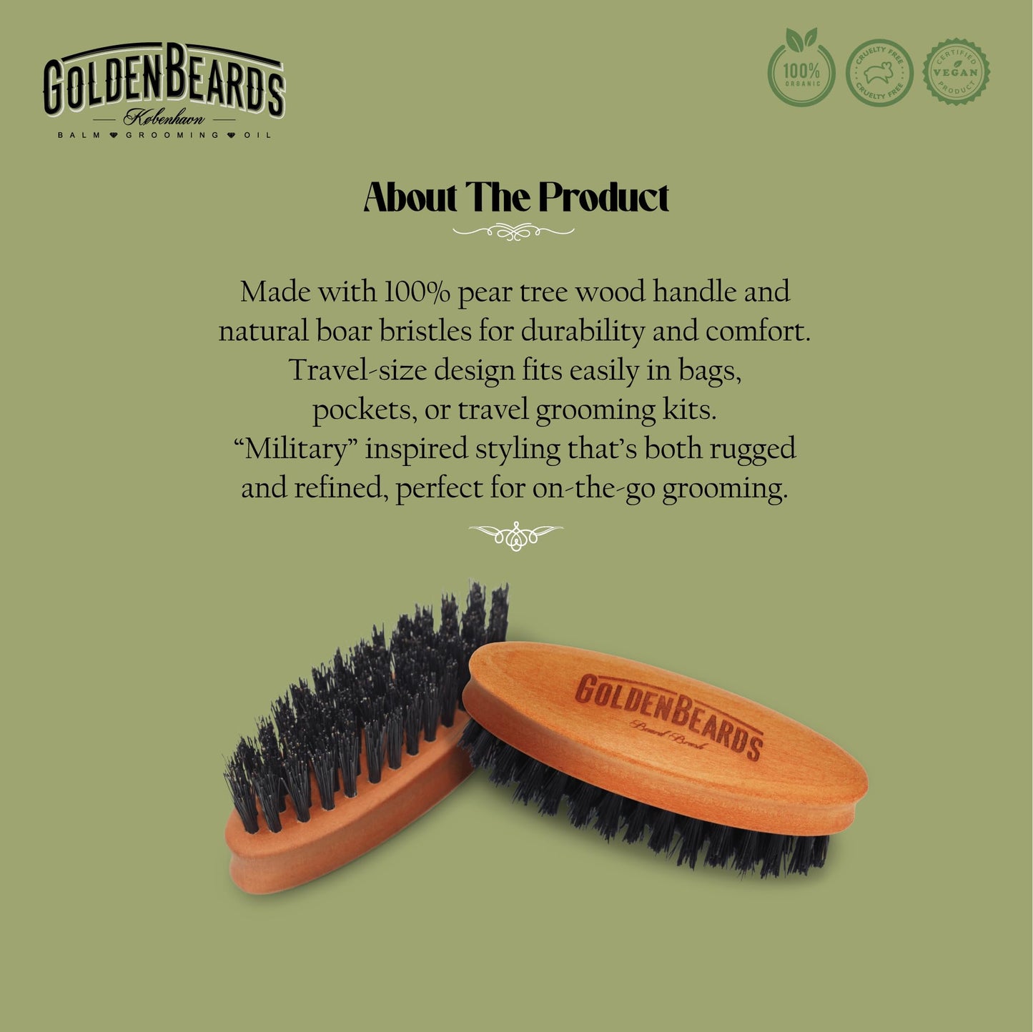 Golden Beards Travel Beard Brush - Pear Tree Wood Handle & Natural Boar Bristles - Compact Grooming Tool That Fits in Your Bag, Perfect for Beard Beauty and Personal Care Golden Beards Kobenhavn BALM GROOMING OIL
