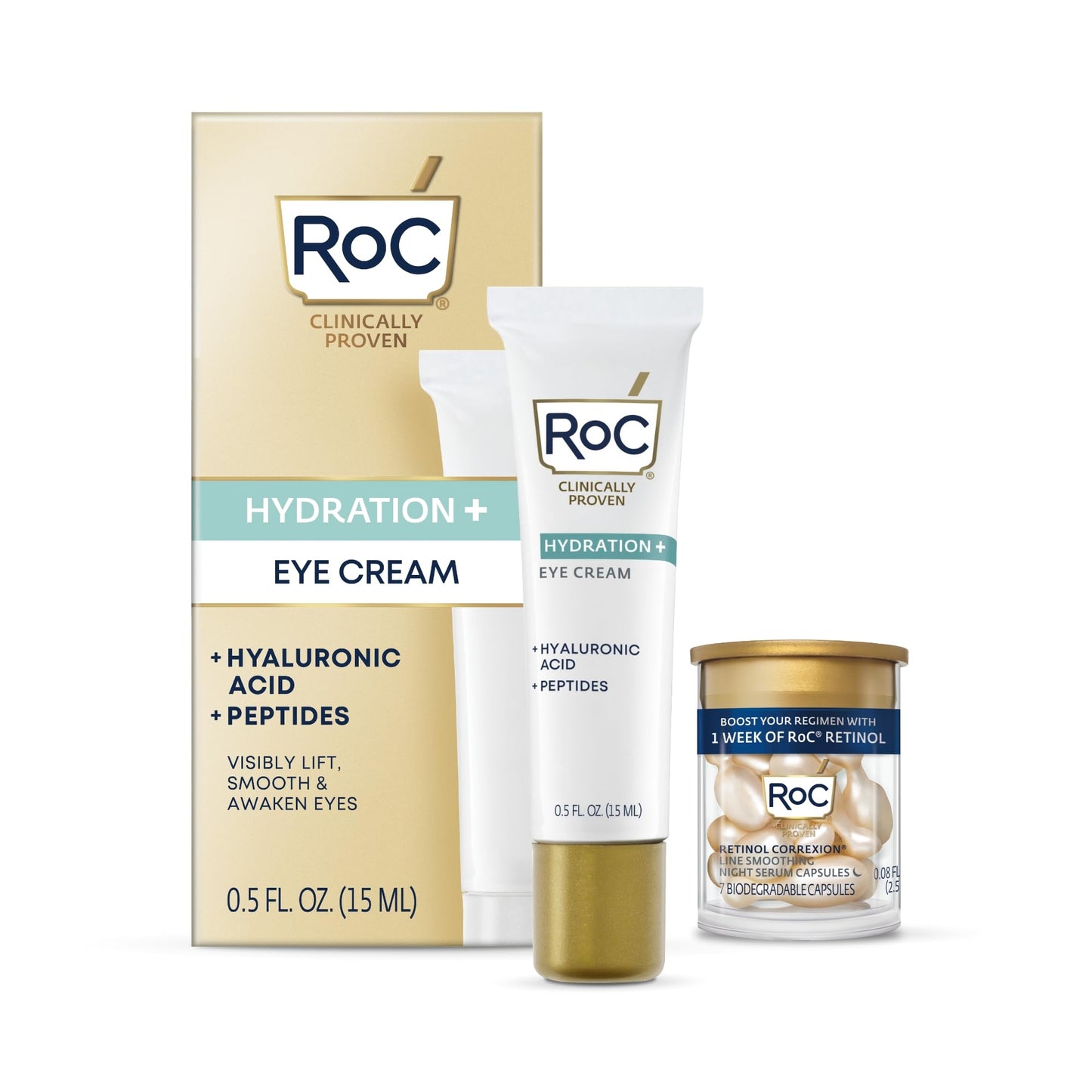 RoC Multi Correxion Hyaluronic Acid Anti Aging Under Eye Cream for Puffiness & Dark Circles (.5 OZ) + RoC Retinol Capsules (7 CT), Skin Care Routine Beauty & Personal Care RoC