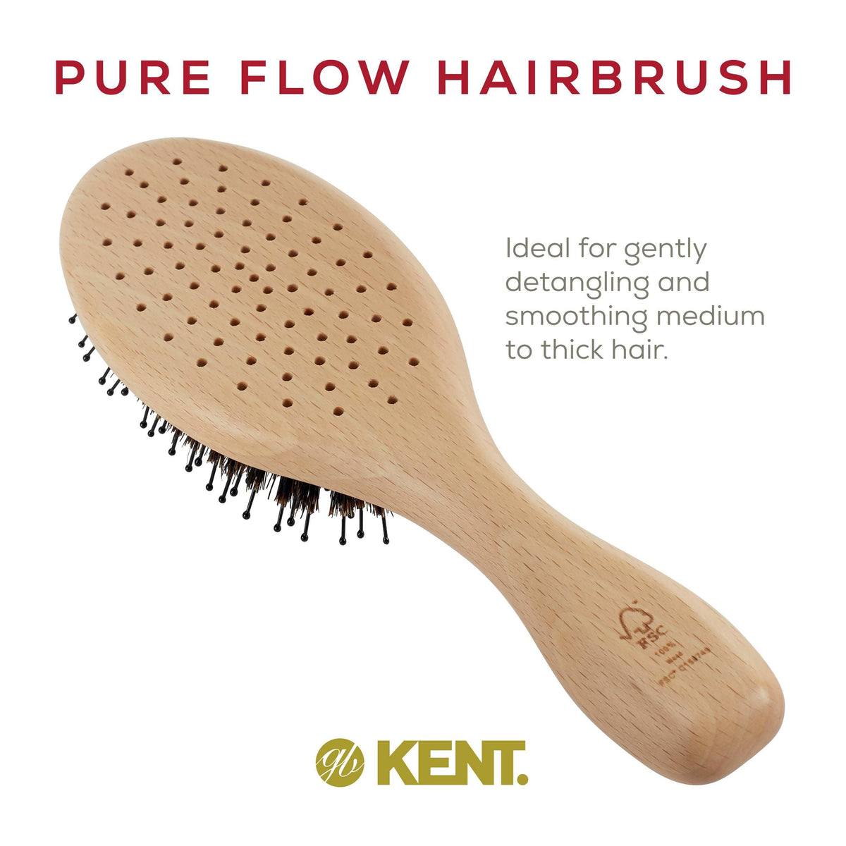Kent LPF1 Pure Flow Oval Cushion Vented Hair Brush, FSC Certified Beech Wood Paddle Brush filled with Natural Boar Bristle and Nylon Bristle for
