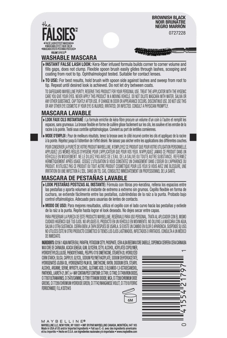 Maybelline New York The Falsies Volume' Express Washable Mascara, Brownish Black, 0.25 Fluid Ounce Beauty & Personal Care MAYBELLINE