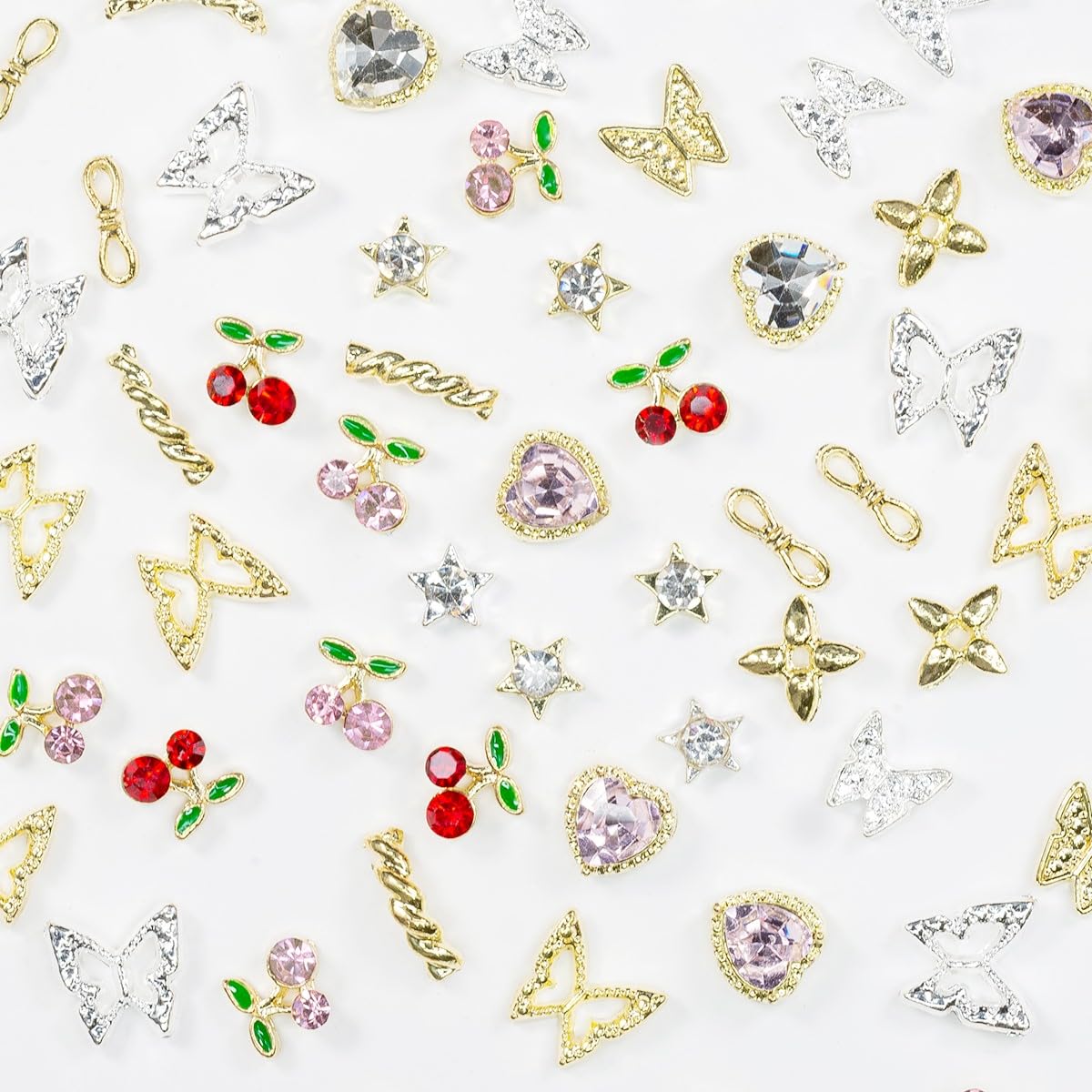 qiipii 56 Pcs Cute Charms for Nails Cherry Butterfly Heart Star Kawaii Crystals Pink Red Rhinestones Gems Golden Silver 3D Alloy Studs Nail Art Charms