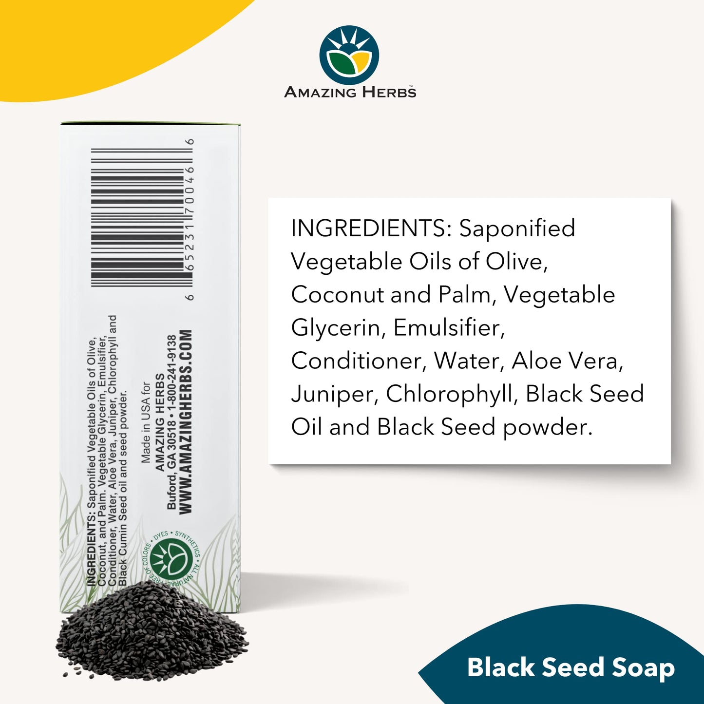 Amazing Herbs Black Seed Soap - 100% Pure Cold-Pressed Black Cumin Seed Oil, All Natural, Free of Colors, Dyes, & Fragrances - Black Seed Aleo Vera Beauty & Personal Care Amazing Herbs