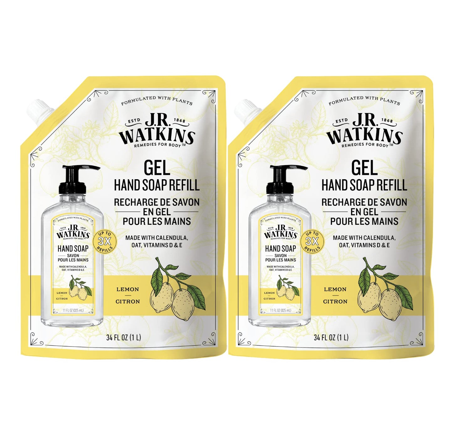 J.R. Watkins Gel Hand Soap Refill Pouch, Scented Liquid Hand Wash for Bathroom or Kitchen, USA Made and Cruelty Free, 34 fl oz, Lemon, 2 Pack Beauty & Personal Care J.R. Watkins