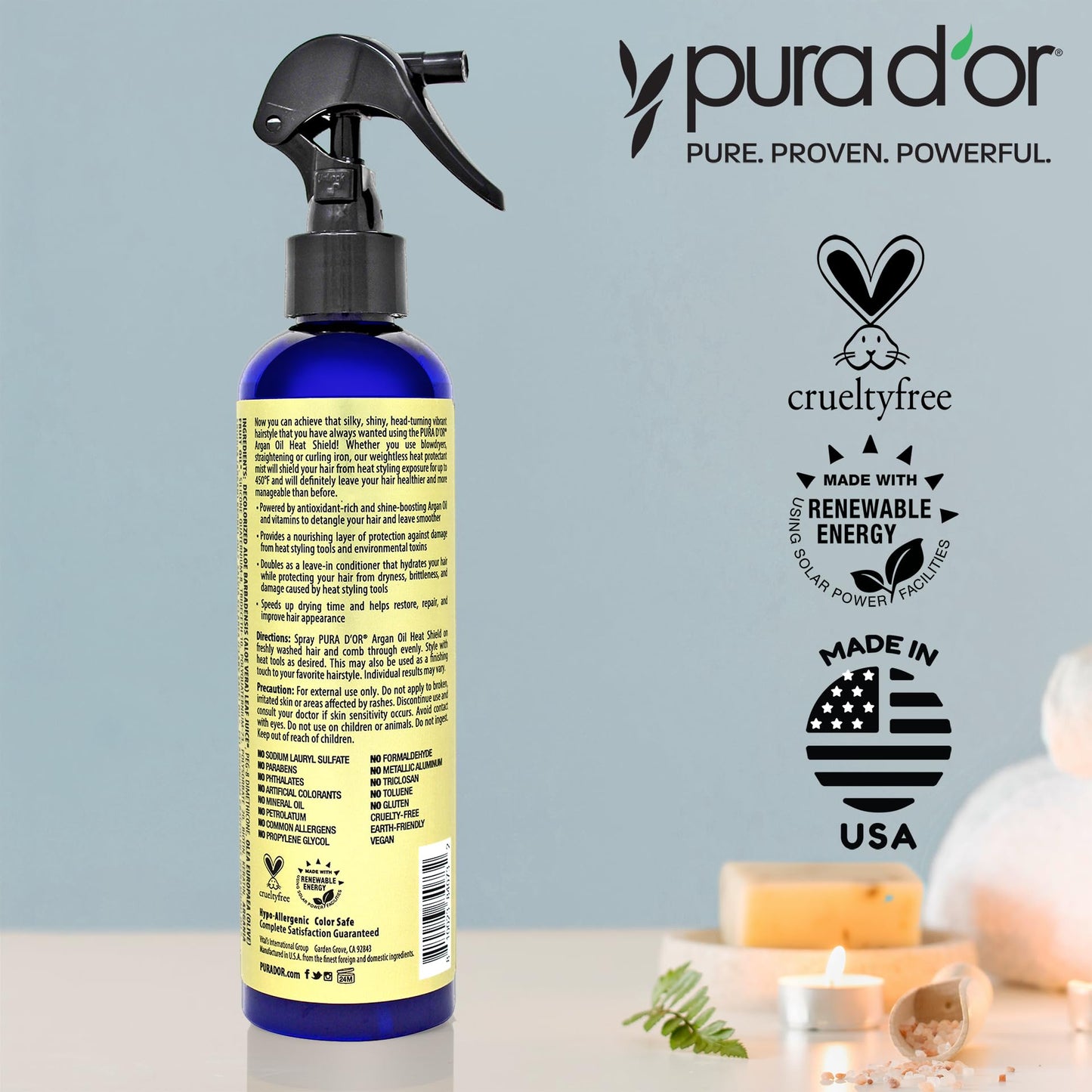 PURA D'OR 8 Oz Argan Oil Heat Shield Protectant Spray with Select Organic Ingredients, Protects Up To 450º F From Flat Iron & Hot Blow Dry, Leave-In Beauty & Personal Care PURA D'OR